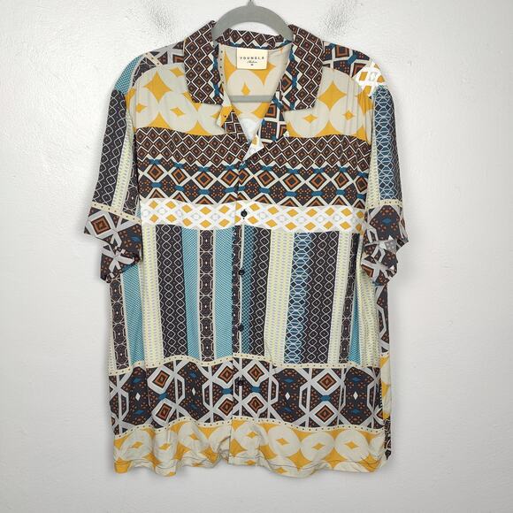 YoungLA Button Up Shirt Mens Medium AOP All Over Tribal‎ Print Viscose Preppy - Picture 1 of 6